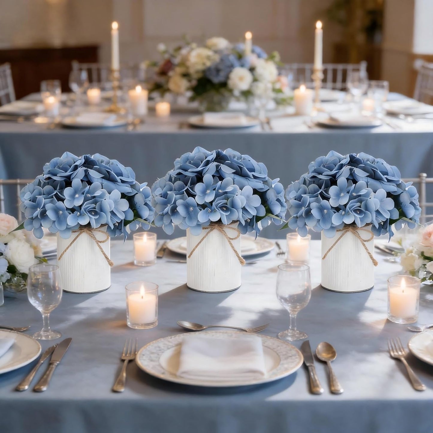 Royal Blue Flower Table Centerpieces, Set of 6, Rose & Hydrangea | Floral Arrangement Artificial Wedding Floral Arrangement with Rustic Metal Vase for Bridal Tea Party Event Decorations