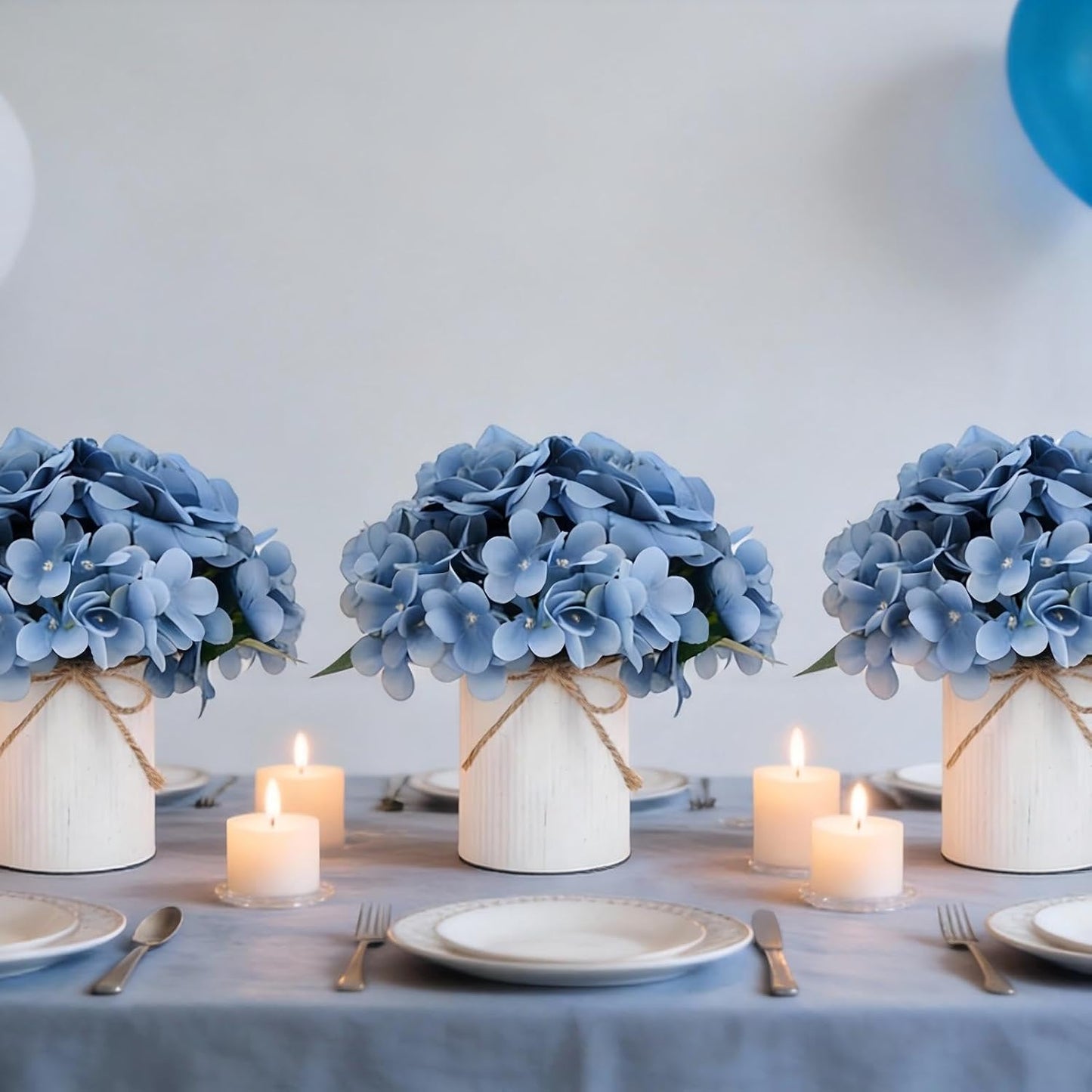 Royal Blue Flower Table Centerpieces, Set of 6, Rose & Hydrangea | Floral Arrangement Artificial Wedding Floral Arrangement with Rustic Metal Vase for Bridal Tea Party Event Decorations
