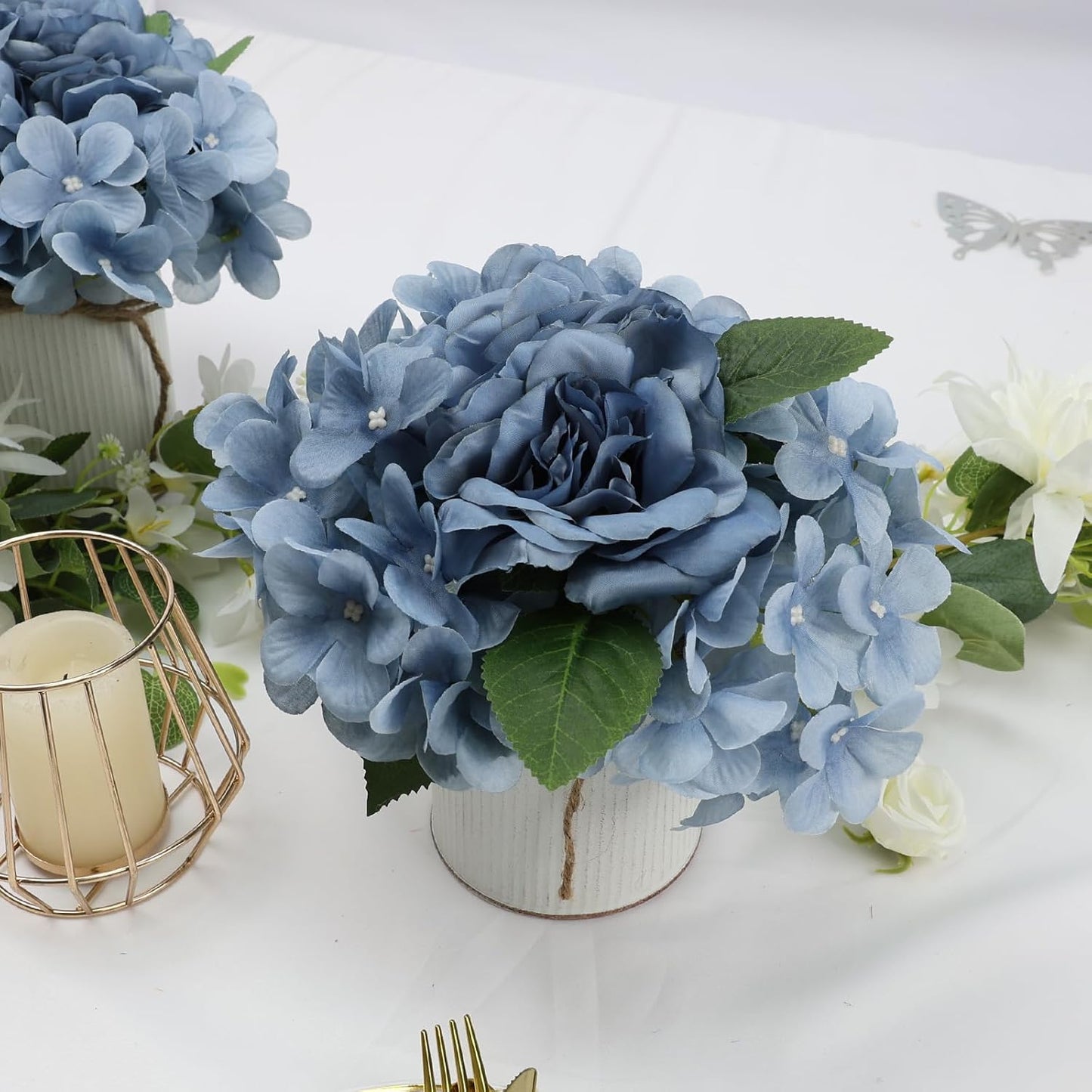 Royal Blue Flower Table Centerpieces, Set of 6, Rose & Hydrangea | Floral Arrangement Artificial Wedding Floral Arrangement with Rustic Metal Vase for Bridal Tea Party Event Decorations