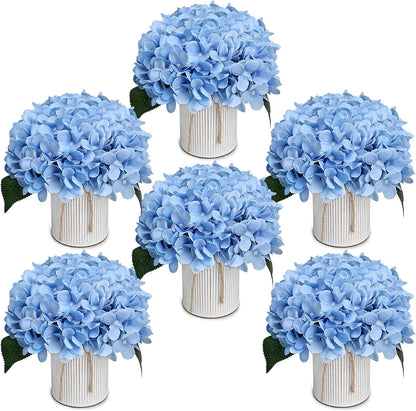 Royal Blue Flower Table Centerpieces, Set of 6, Rose & Hydrangea | Floral Arrangement Artificial Wedding Floral Arrangement with Rustic Metal Vase for Bridal Tea Party Event Decorations