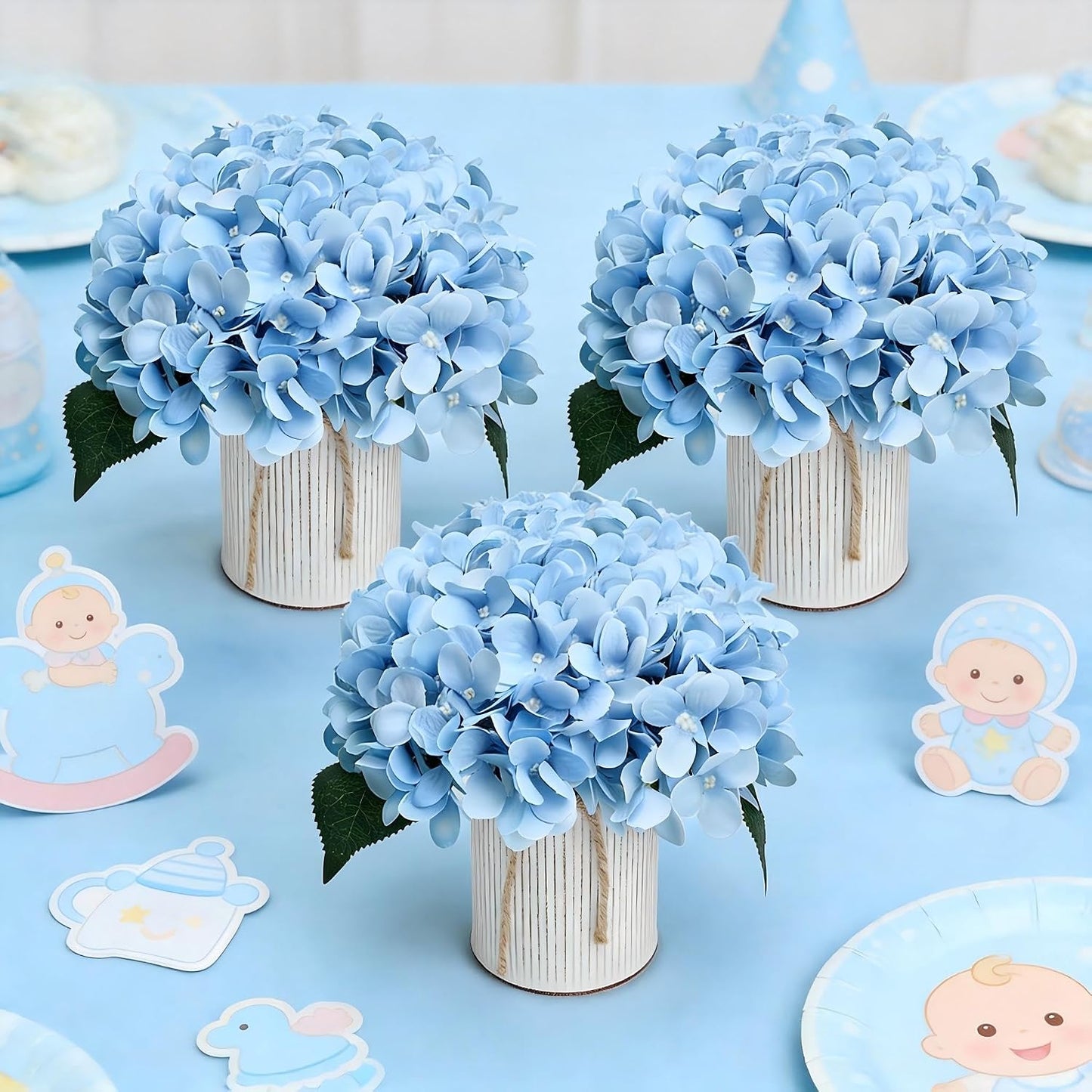 Royal Blue Flower Table Centerpieces, Set of 6, Rose & Hydrangea | Floral Arrangement Artificial Wedding Floral Arrangement with Rustic Metal Vase for Bridal Tea Party Event Decorations