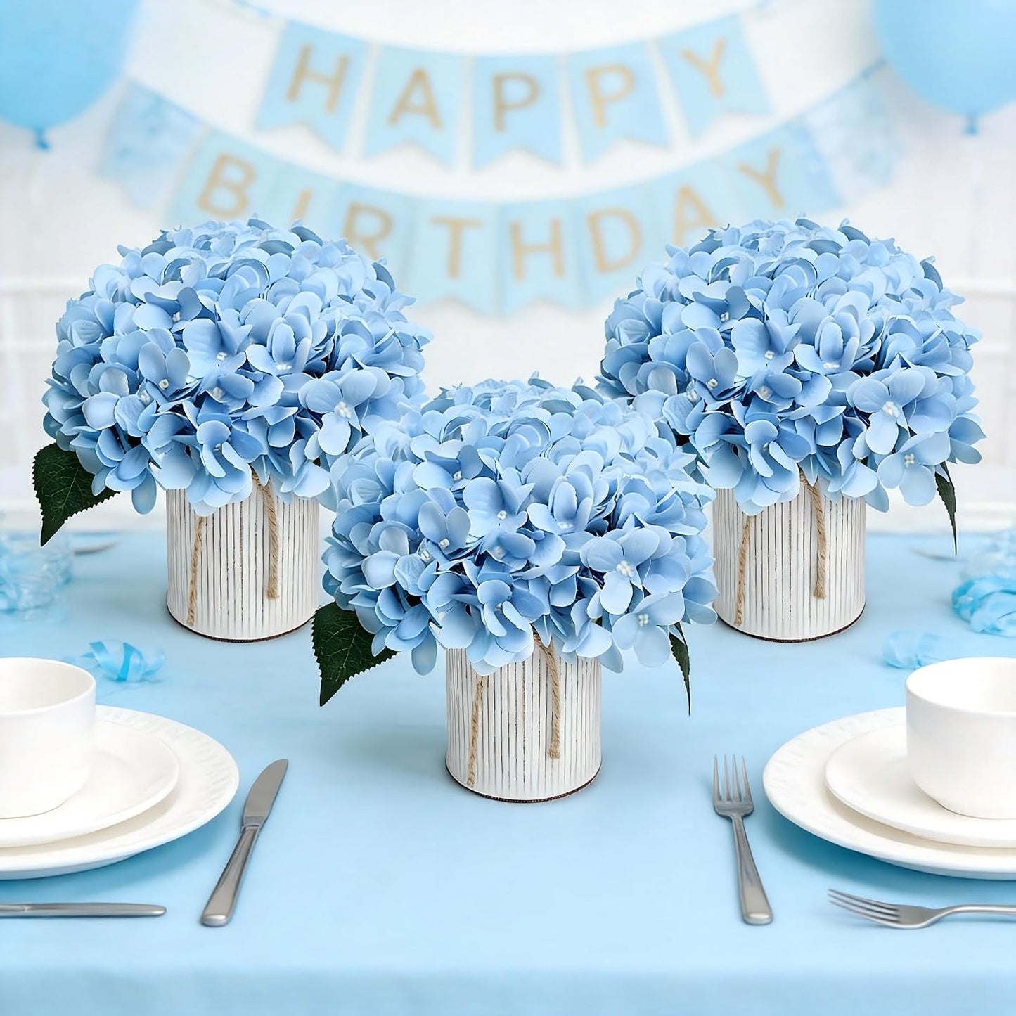 Royal Blue Flower Table Centerpieces, Set of 6, Rose & Hydrangea | Floral Arrangement Artificial Wedding Floral Arrangement with Rustic Metal Vase for Bridal Tea Party Event Decorations
