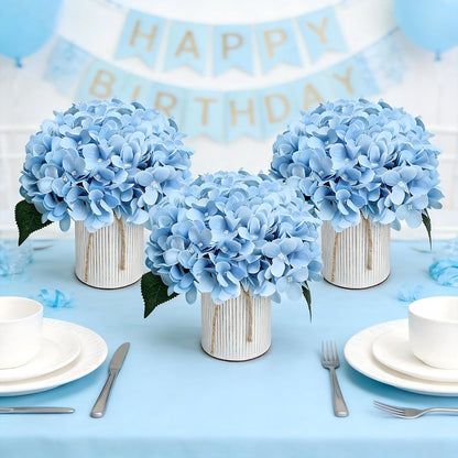 Royal Blue Flower Table Centerpieces, Set of 6, Rose & Hydrangea | Floral Arrangement Artificial Wedding Floral Arrangement with Rustic Metal Vase for Bridal Tea Party Event Decorations