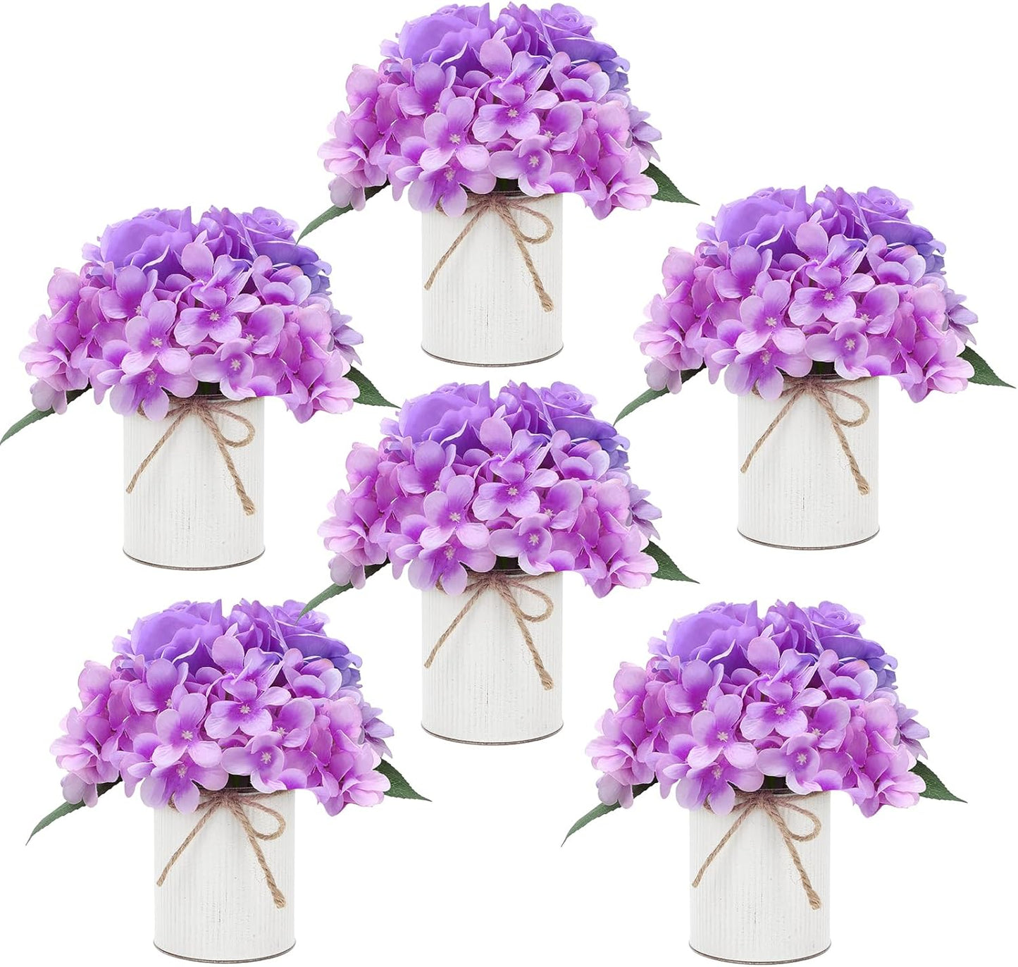 Royal Blue Flower Table Centerpieces, Set of 6, Rose & Hydrangea | Floral Arrangement Artificial Wedding Floral Arrangement with Rustic Metal Vase for Bridal Tea Party Event Decorations