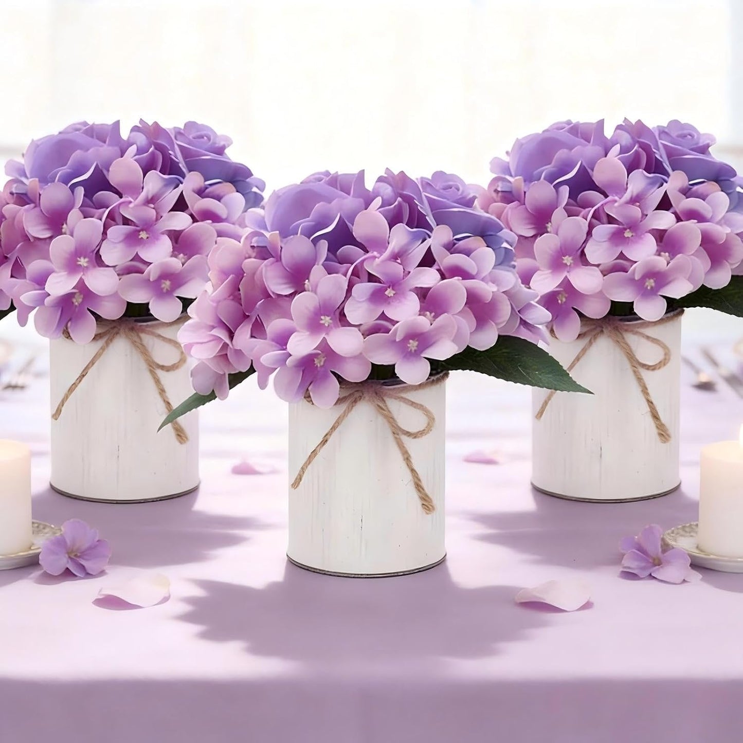 Royal Blue Flower Table Centerpieces, Set of 6, Rose & Hydrangea | Floral Arrangement Artificial Wedding Floral Arrangement with Rustic Metal Vase for Bridal Tea Party Event Decorations