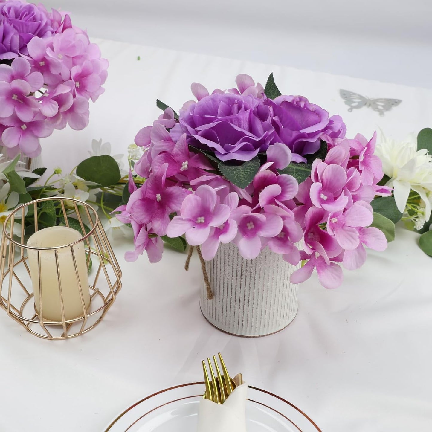 Royal Blue Flower Table Centerpieces, Set of 6, Rose & Hydrangea | Floral Arrangement Artificial Wedding Floral Arrangement with Rustic Metal Vase for Bridal Tea Party Event Decorations