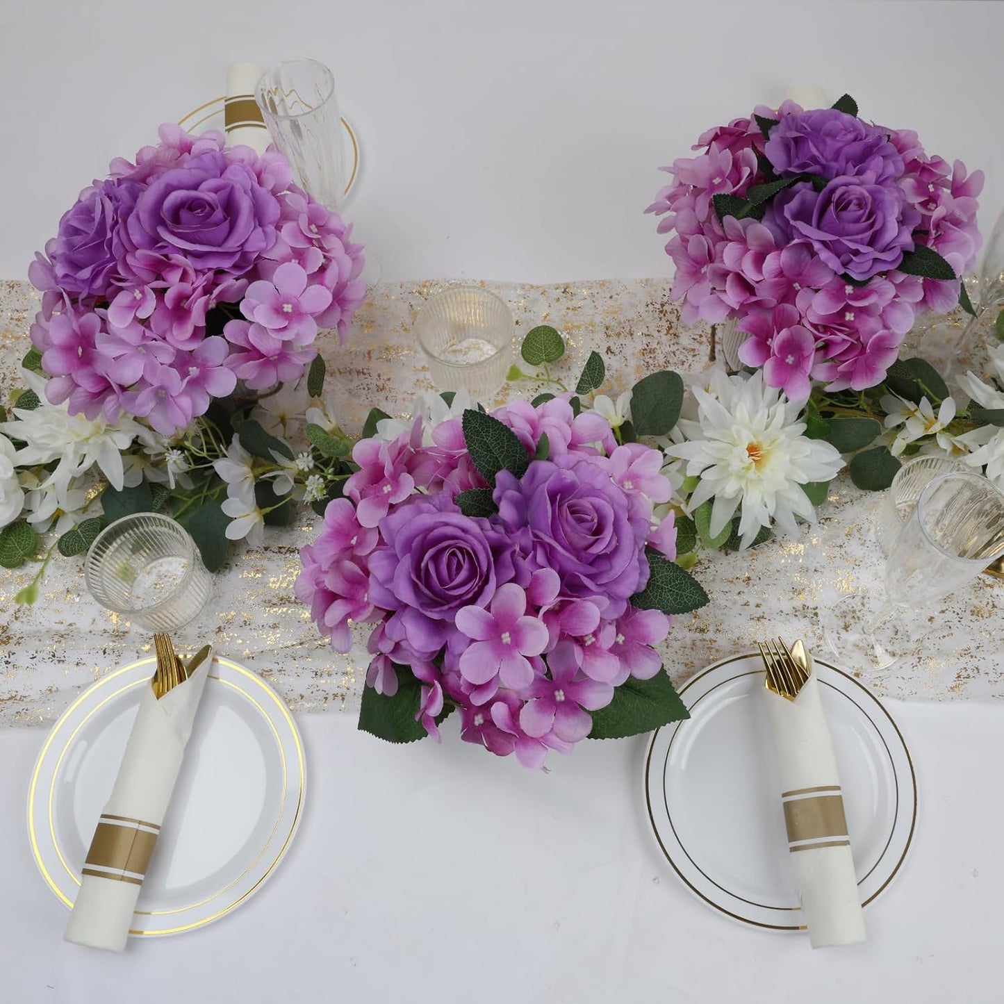 Royal Blue Flower Table Centerpieces, Set of 6, Rose & Hydrangea | Floral Arrangement Artificial Wedding Floral Arrangement with Rustic Metal Vase for Bridal Tea Party Event Decorations