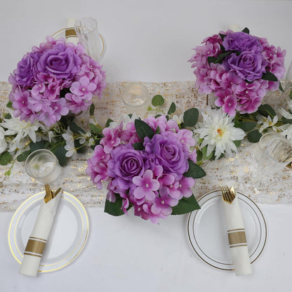 Royal Blue Flower Table Centerpieces, Set of 6, Rose & Hydrangea | Floral Arrangement Artificial Wedding Floral Arrangement with Rustic Metal Vase for Bridal Tea Party Event Decorations