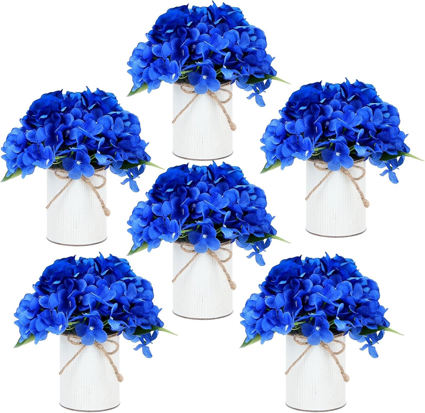 Royal Blue Flower Table Centerpieces, Set of 6, Rose & Hydrangea | Floral Arrangement Artificial Wedding Floral Arrangement with Rustic Metal Vase for Bridal Tea Party Event Decorations