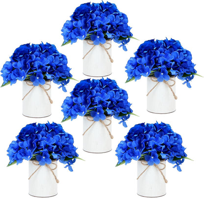 Royal Blue Flower Table Centerpieces, Set of 6, Rose & Hydrangea | Floral Arrangement Artificial Wedding Floral Arrangement with Rustic Metal Vase for Bridal Tea Party Event Decorations