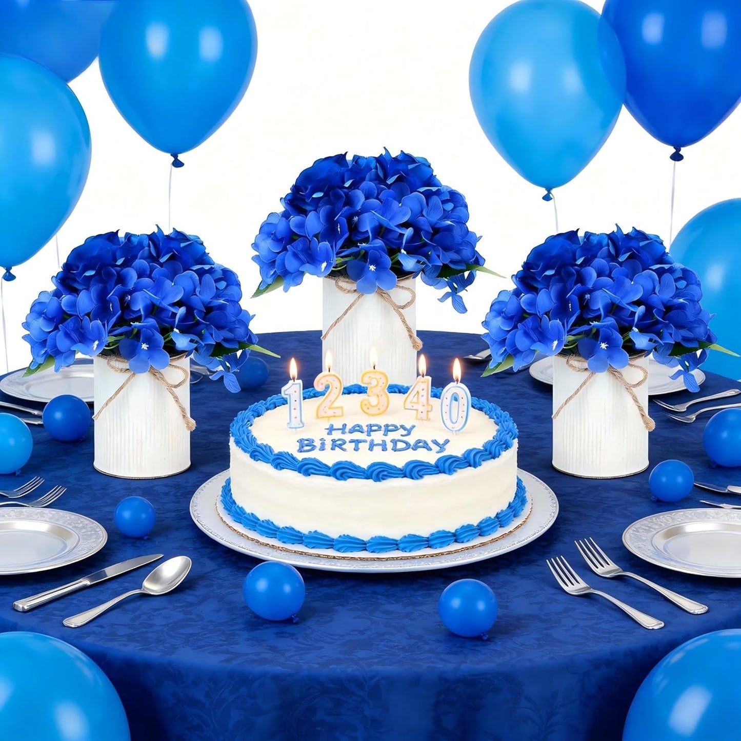 Royal Blue Flower Table Centerpieces, Set of 6, Rose & Hydrangea | Floral Arrangement Artificial Wedding Floral Arrangement with Rustic Metal Vase for Bridal Tea Party Event Decorations