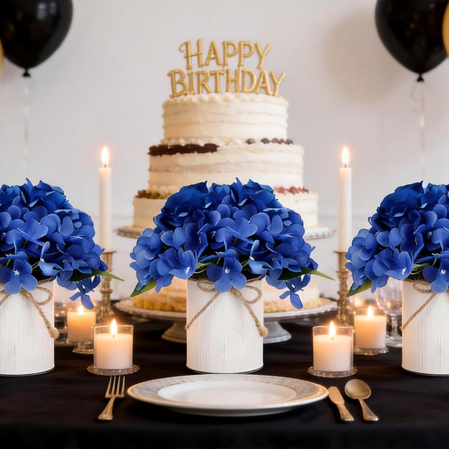 Royal Blue Flower Table Centerpieces, Set of 6, Rose & Hydrangea | Floral Arrangement Artificial Wedding Floral Arrangement with Rustic Metal Vase for Bridal Tea Party Event Decorations