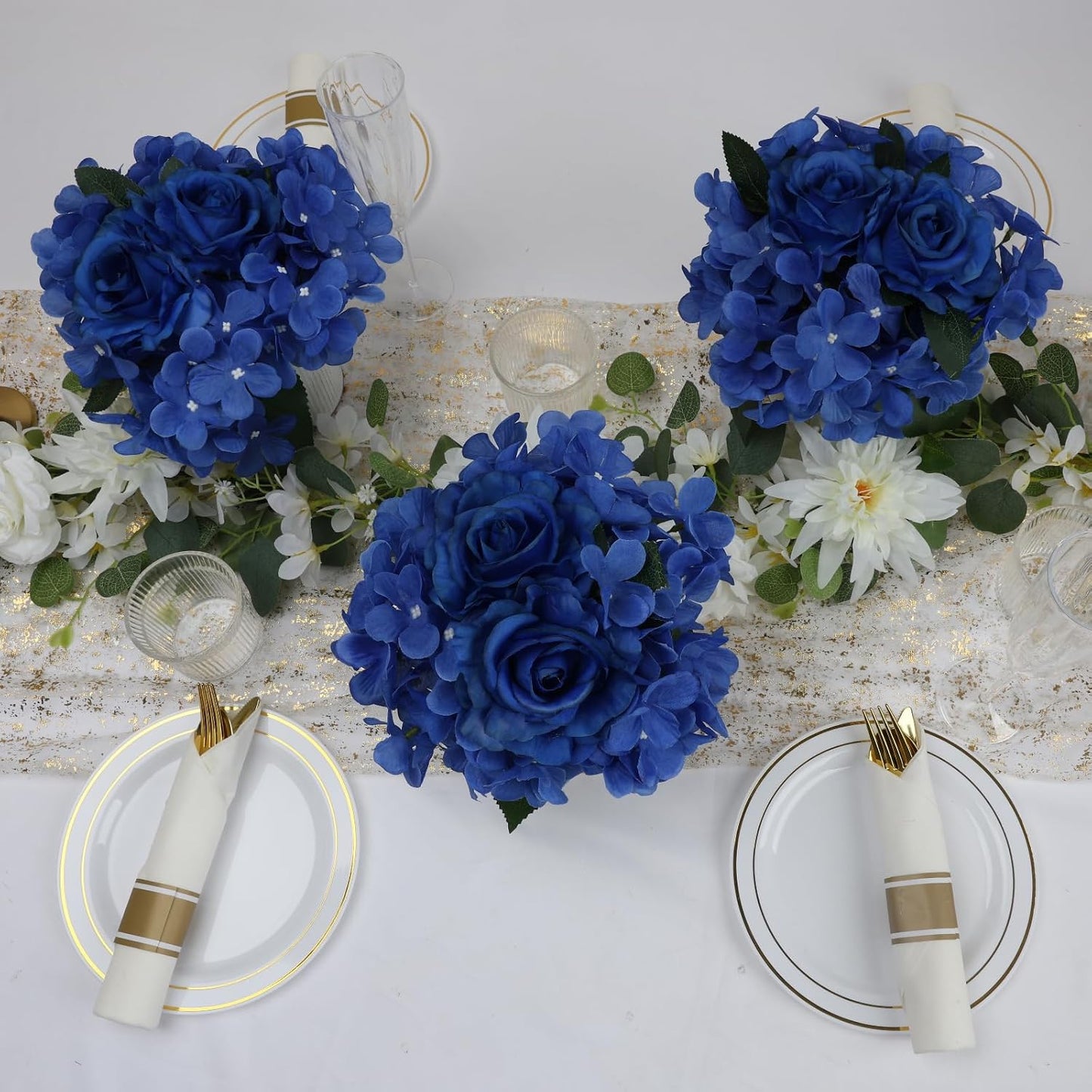Royal Blue Flower Table Centerpieces, Set of 6, Rose & Hydrangea | Floral Arrangement Artificial Wedding Floral Arrangement with Rustic Metal Vase for Bridal Tea Party Event Decorations