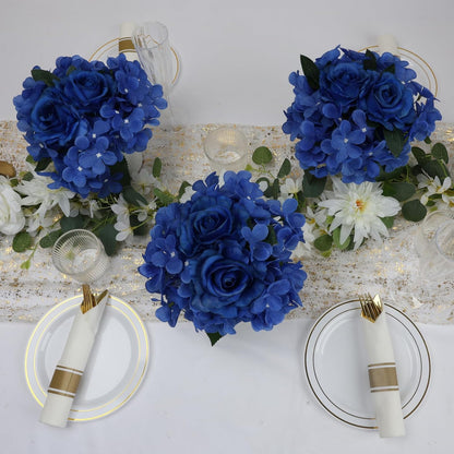 Royal Blue Flower Table Centerpieces, Set of 6, Rose & Hydrangea | Floral Arrangement Artificial Wedding Floral Arrangement with Rustic Metal Vase for Bridal Tea Party Event Decorations