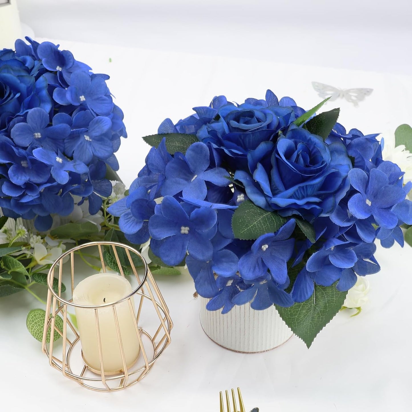 Royal Blue Flower Table Centerpieces, Set of 6, Rose & Hydrangea | Floral Arrangement Artificial Wedding Floral Arrangement with Rustic Metal Vase for Bridal Tea Party Event Decorations