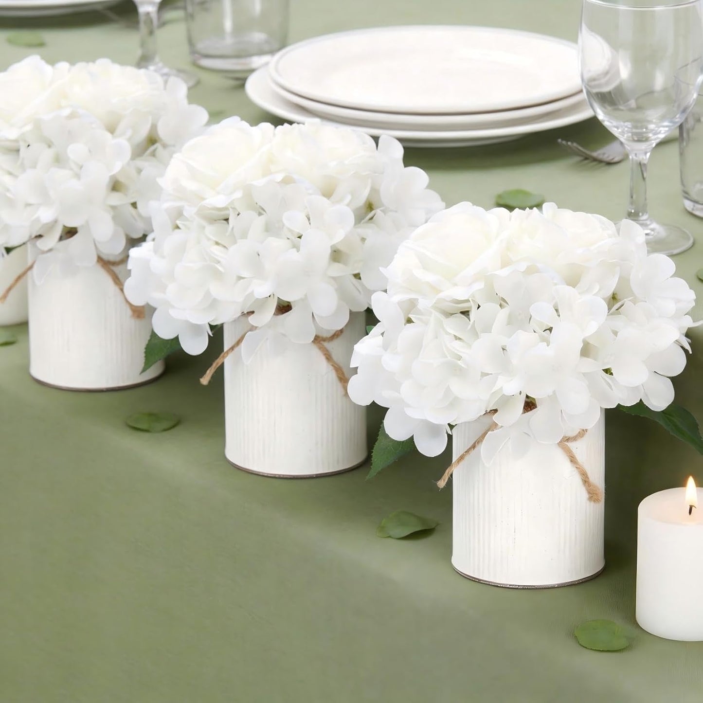 Royal Blue Flower Table Centerpieces, Set of 6, Rose & Hydrangea | Floral Arrangement Artificial Wedding Floral Arrangement with Rustic Metal Vase for Bridal Tea Party Event Decorations