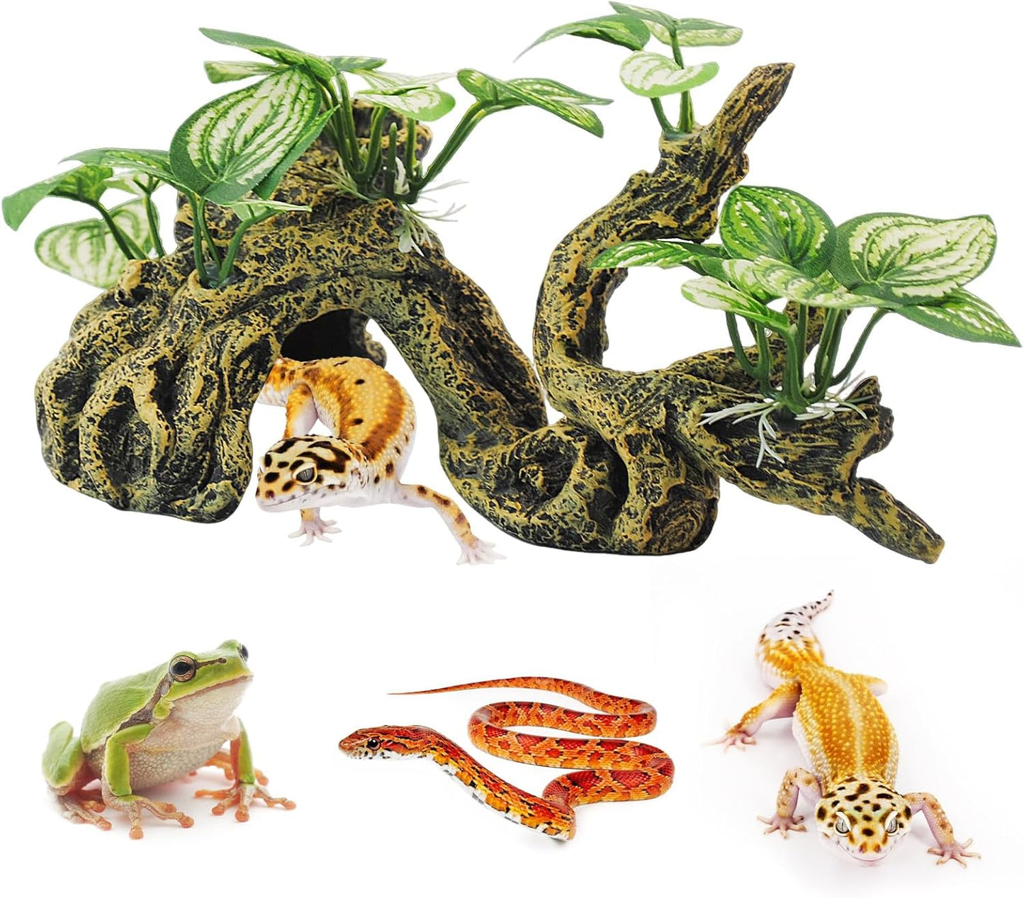 Resin Branch for Reptile Tank,Crested Gecko Climbing Branches with Hideout Cave Bearded Dragon Tank Accessories Lizard Terrarium Habitat Plant Decorations for Snake Gecko Spider Frog(Bronze)