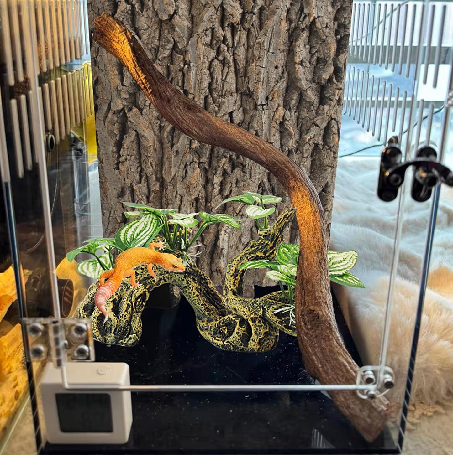 Resin Branch for Reptile Tank,Crested Gecko Climbing Branches with Hideout Cave Bearded Dragon Tank Accessories Lizard Terrarium Habitat Plant Decorations for Snake Gecko Spider Frog(Bronze)