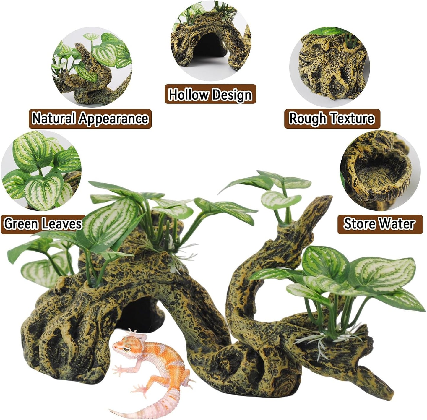 Resin Branch for Reptile Tank,Crested Gecko Climbing Branches with Hideout Cave Bearded Dragon Tank Accessories Lizard Terrarium Habitat Plant Decorations for Snake Gecko Spider Frog(Bronze)