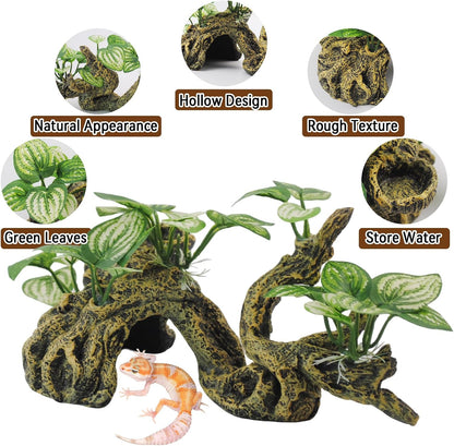 Resin Branch for Reptile Tank,Crested Gecko Climbing Branches with Hideout Cave Bearded Dragon Tank Accessories Lizard Terrarium Habitat Plant Decorations for Snake Gecko Spider Frog(Bronze)