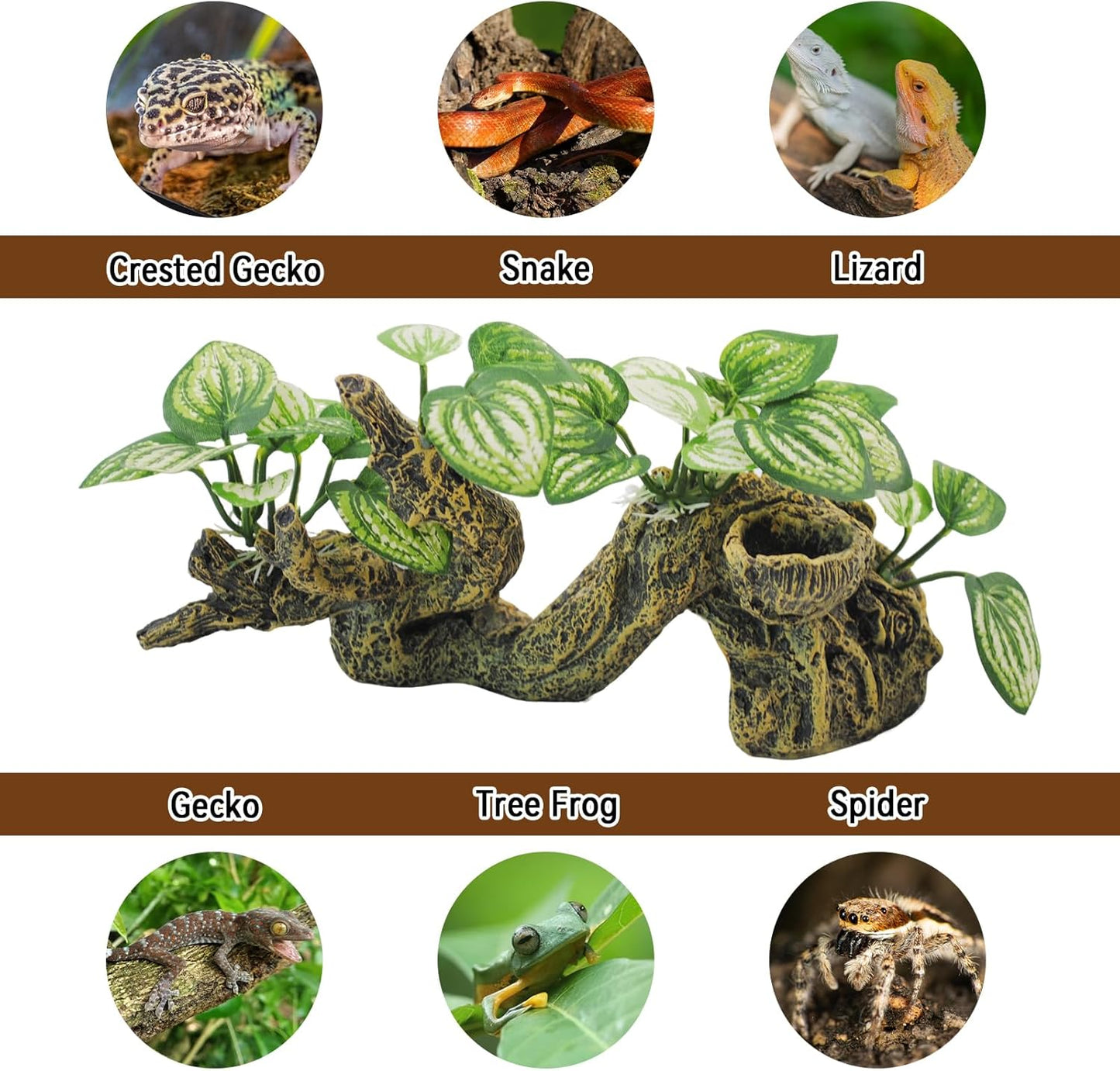 Resin Branch for Reptile Tank,Crested Gecko Climbing Branches with Hideout Cave Bearded Dragon Tank Accessories Lizard Terrarium Habitat Plant Decorations for Snake Gecko Spider Frog(Bronze)