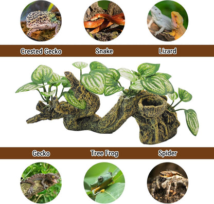 Resin Branch for Reptile Tank,Crested Gecko Climbing Branches with Hideout Cave Bearded Dragon Tank Accessories Lizard Terrarium Habitat Plant Decorations for Snake Gecko Spider Frog(Bronze)