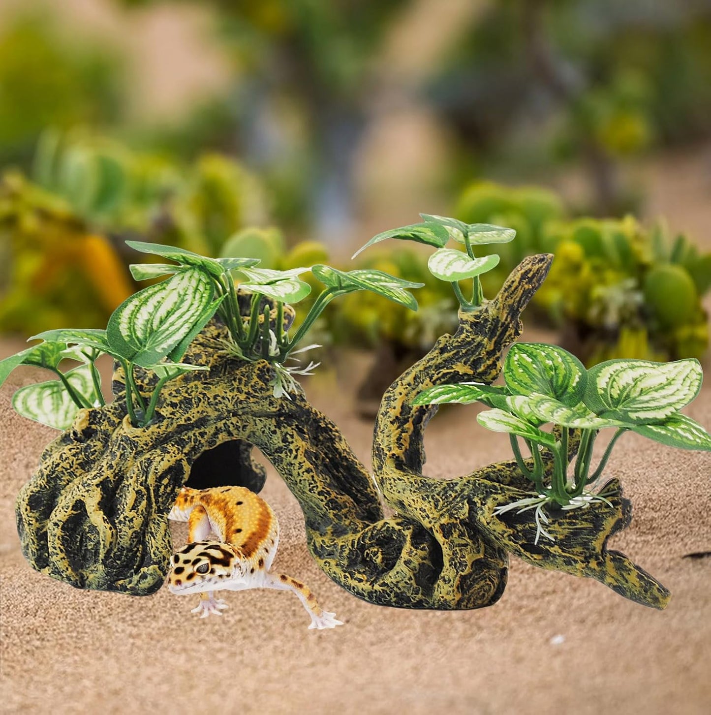 Resin Branch for Reptile Tank,Crested Gecko Climbing Branches with Hideout Cave Bearded Dragon Tank Accessories Lizard Terrarium Habitat Plant Decorations for Snake Gecko Spider Frog(Bronze)