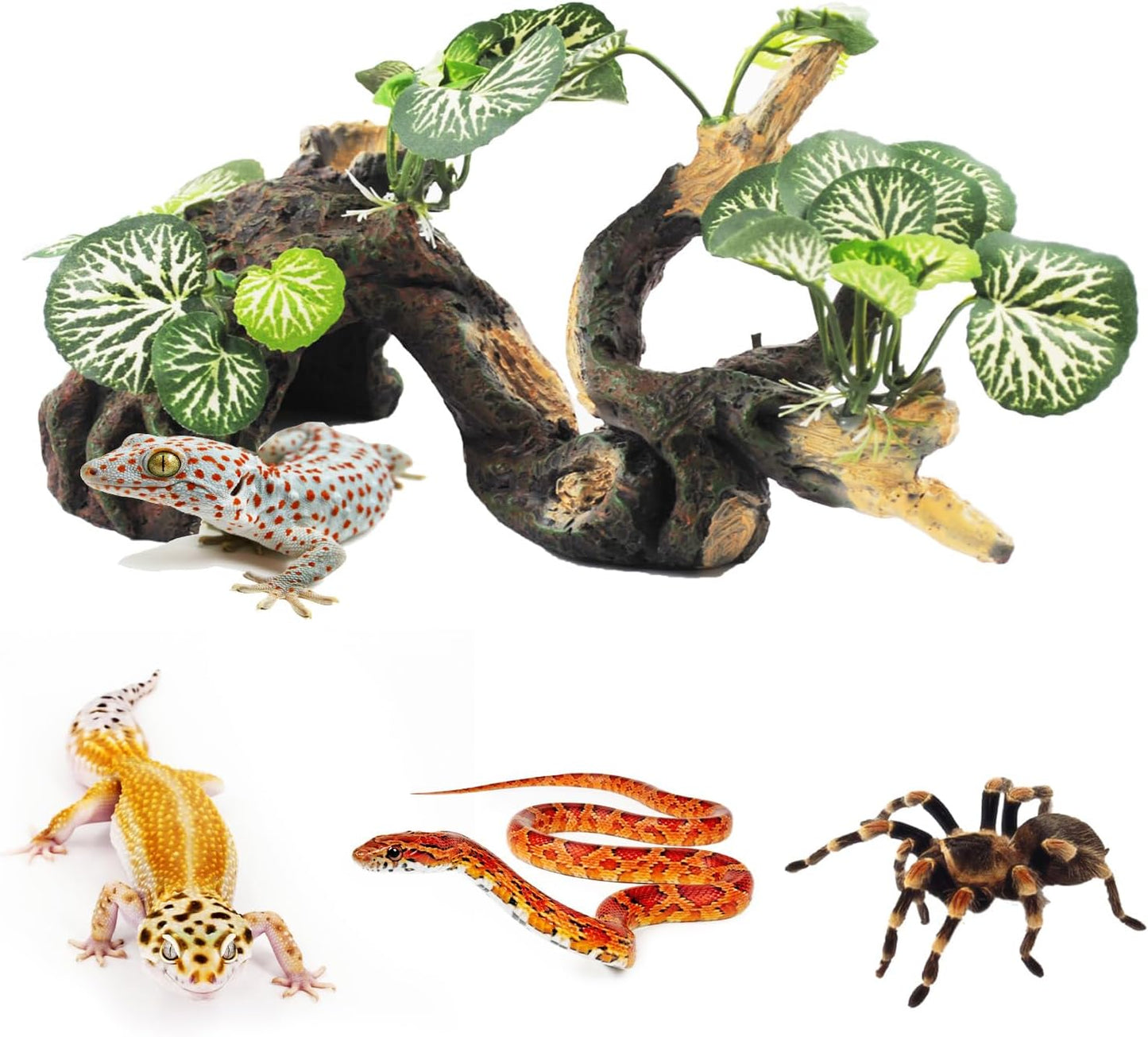 Resin Branch for Reptile Tank,Crested Gecko Climbing Branches with Hideout Cave Bearded Dragon Tank Accessories Lizard Terrarium Habitat Plant Decorations for Snake Gecko Spider Frog(Bronze)