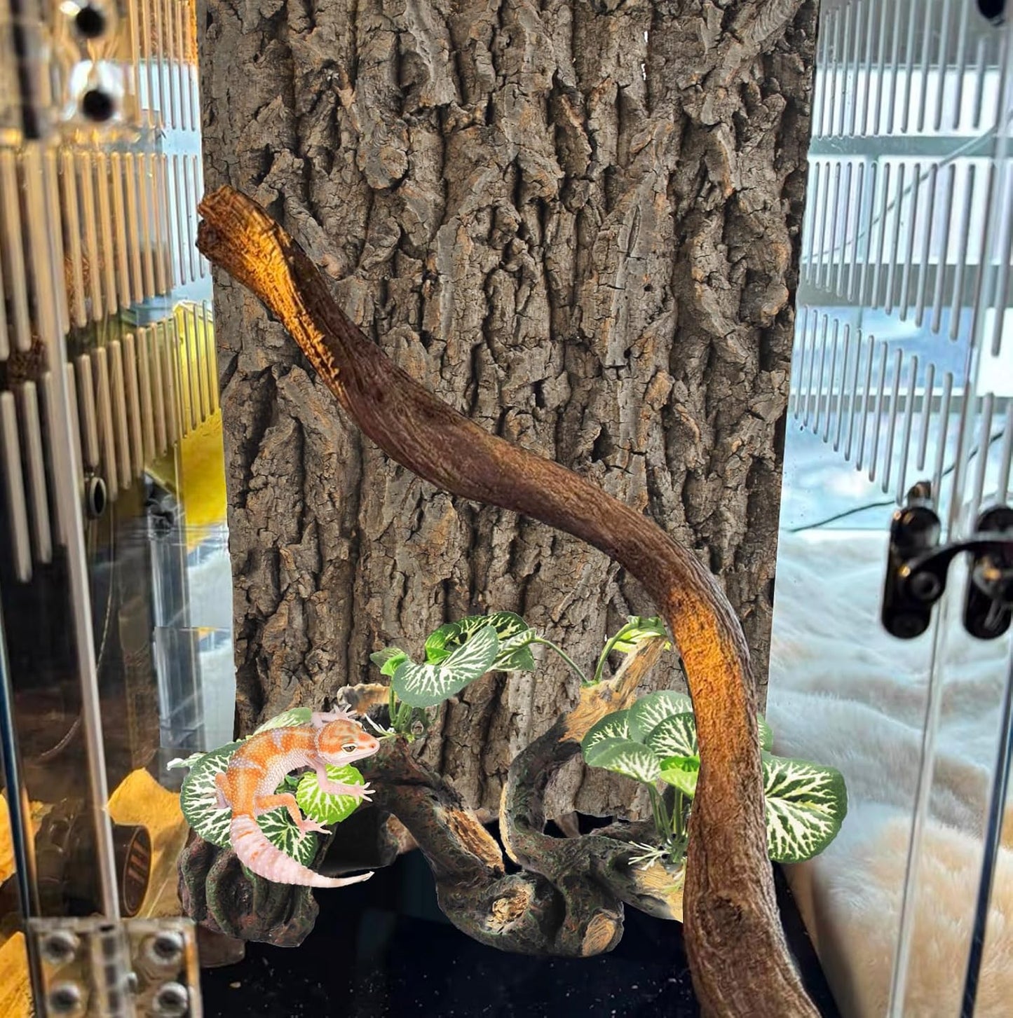 Resin Branch for Reptile Tank,Crested Gecko Climbing Branches with Hideout Cave Bearded Dragon Tank Accessories Lizard Terrarium Habitat Plant Decorations for Snake Gecko Spider Frog(Bronze)