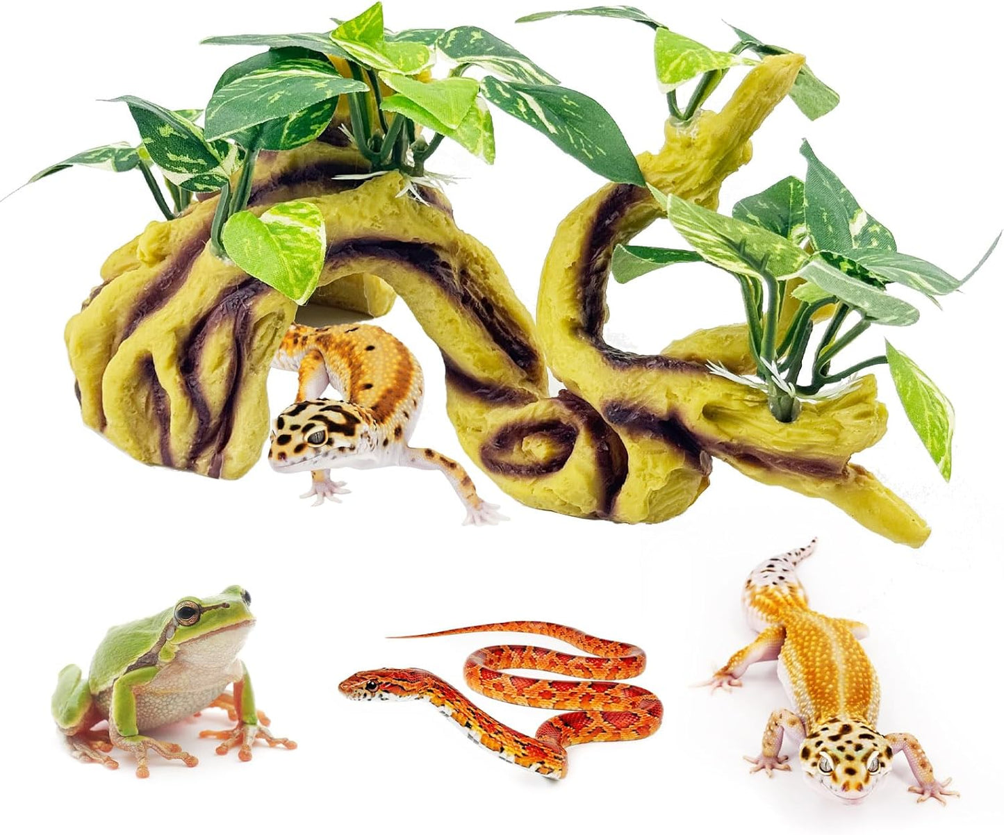 Resin Branch for Reptile Tank,Crested Gecko Climbing Branches with Hideout Cave Bearded Dragon Tank Accessories Lizard Terrarium Habitat Plant Decorations for Snake Gecko Spider Frog(Bronze)