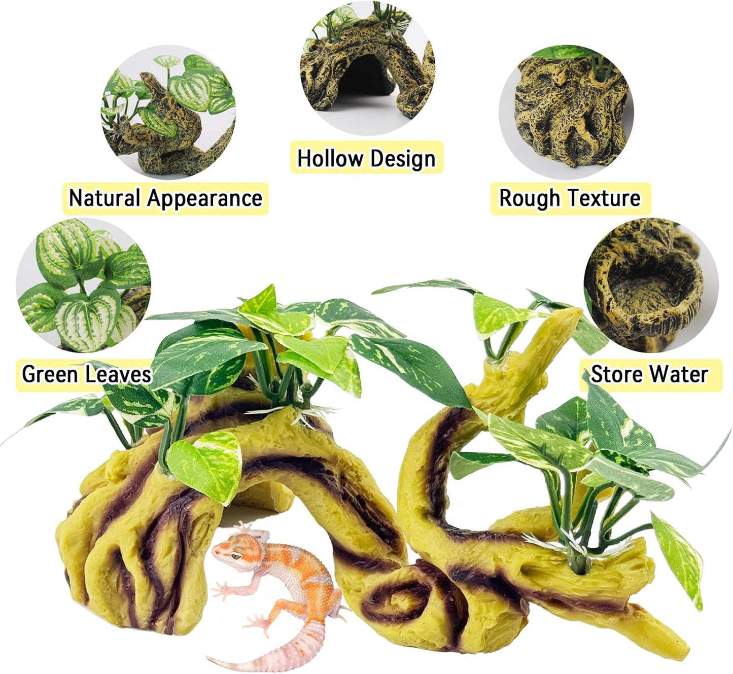 Resin Branch for Reptile Tank,Crested Gecko Climbing Branches with Hideout Cave Bearded Dragon Tank Accessories Lizard Terrarium Habitat Plant Decorations for Snake Gecko Spider Frog(Bronze)