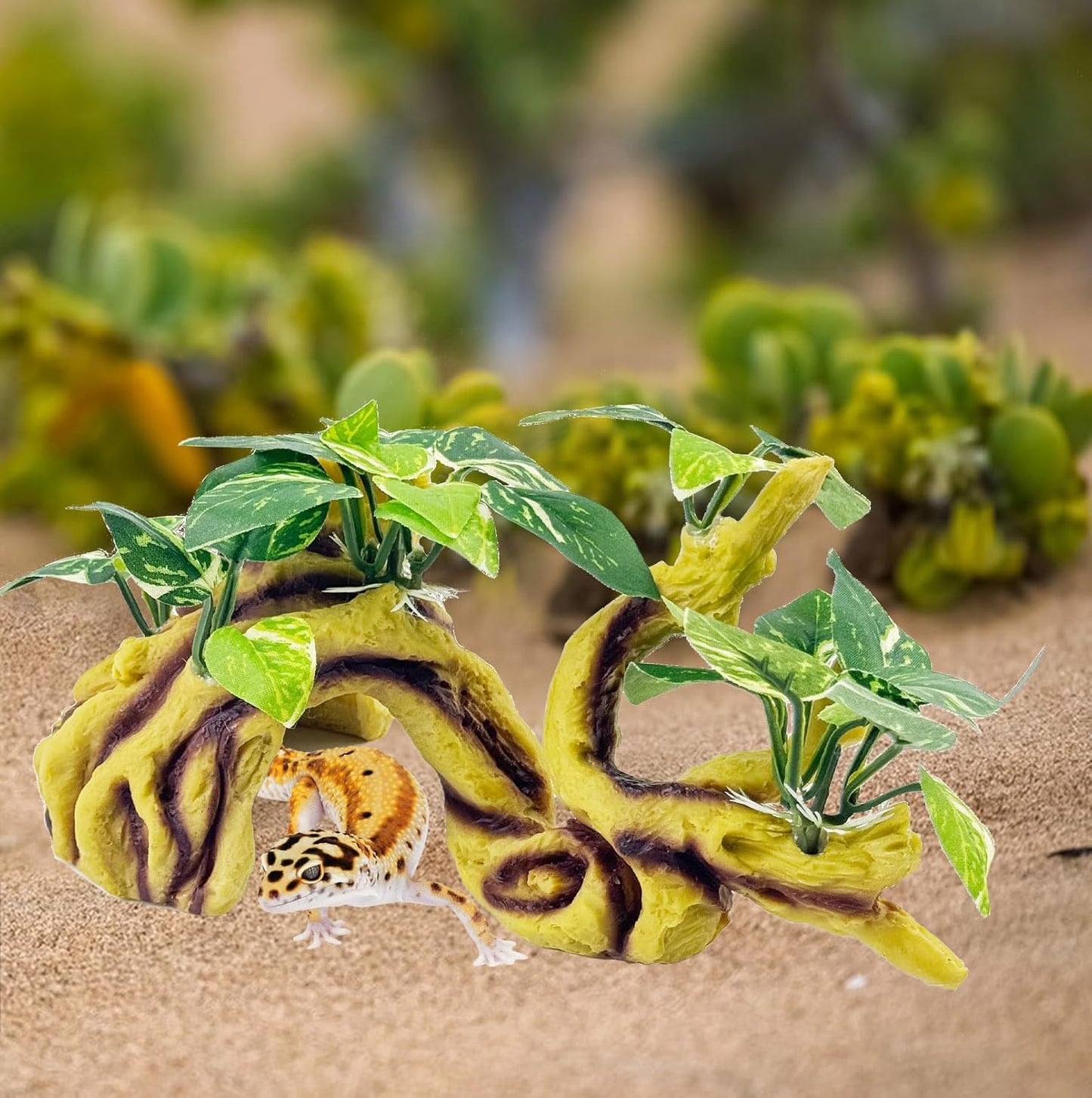Resin Branch for Reptile Tank,Crested Gecko Climbing Branches with Hideout Cave Bearded Dragon Tank Accessories Lizard Terrarium Habitat Plant Decorations for Snake Gecko Spider Frog(Bronze)