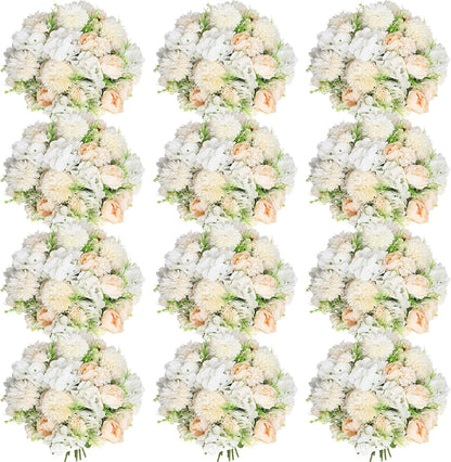 Artificial Flowers Artificial Peonies Silk Flowers Faux Peony Fake Peony Silk Hydrangea Bouquet for Wedding Table Centerpiece Floral Vase Decor(White,Blue,12 Bundles)