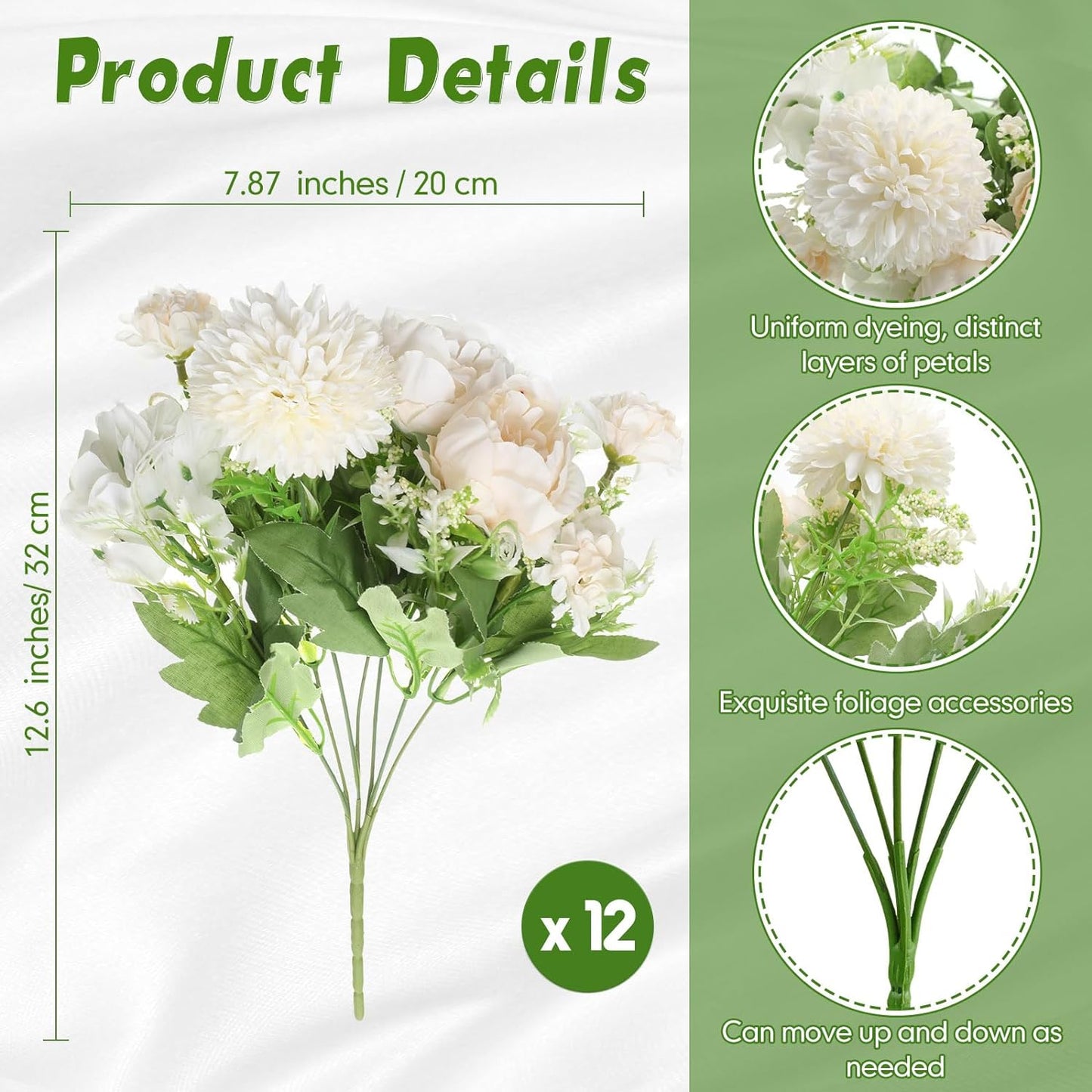 Artificial Flowers Artificial Peonies Silk Flowers Faux Peony Fake Peony Silk Hydrangea Bouquet for Wedding Table Centerpiece Floral Vase Decor(White,Blue,12 Bundles)