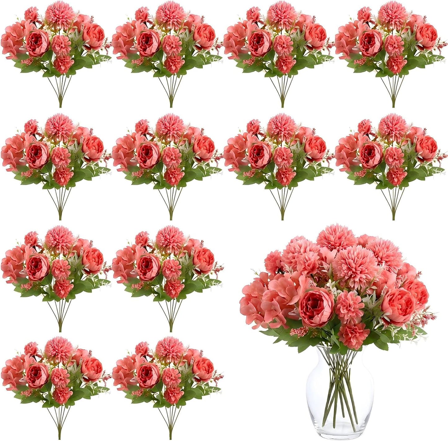 Artificial Flowers Artificial Peonies Silk Flowers Faux Peony Fake Peony Silk Hydrangea Bouquet for Wedding Table Centerpiece Floral Vase Decor(White,Blue,12 Bundles)