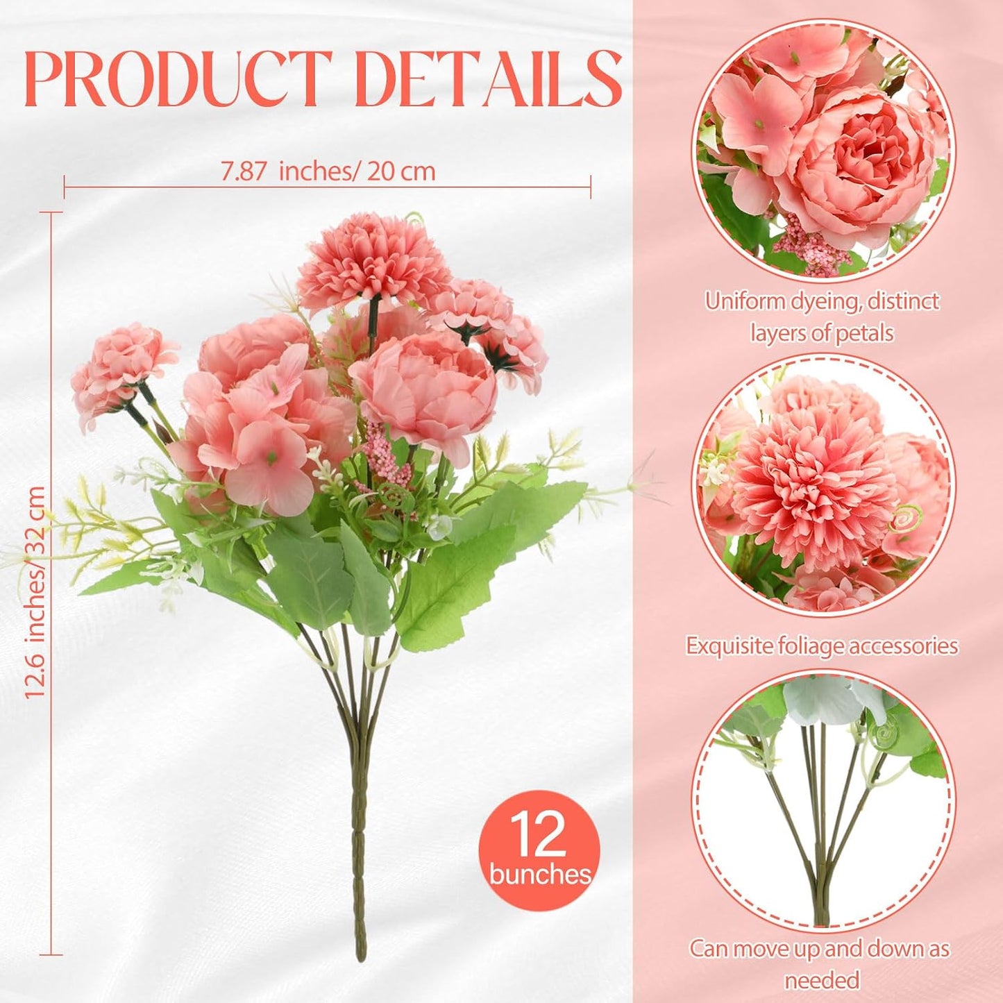 Artificial Flowers Artificial Peonies Silk Flowers Faux Peony Fake Peony Silk Hydrangea Bouquet for Wedding Table Centerpiece Floral Vase Decor(White,Blue,12 Bundles)