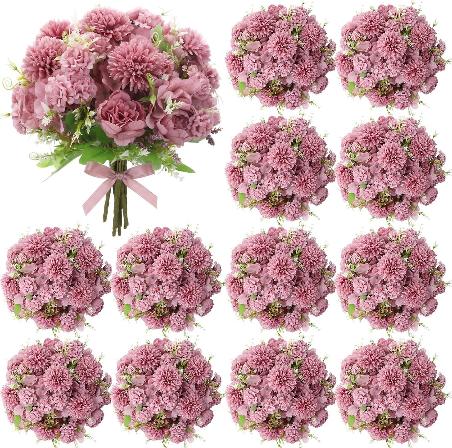 Artificial Flowers Artificial Peonies Silk Flowers Faux Peony Fake Peony Silk Hydrangea Bouquet for Wedding Table Centerpiece Floral Vase Decor(White,Blue,12 Bundles)