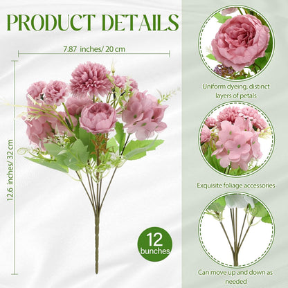 Artificial Flowers Artificial Peonies Silk Flowers Faux Peony Fake Peony Silk Hydrangea Bouquet for Wedding Table Centerpiece Floral Vase Decor(White,Blue,12 Bundles)