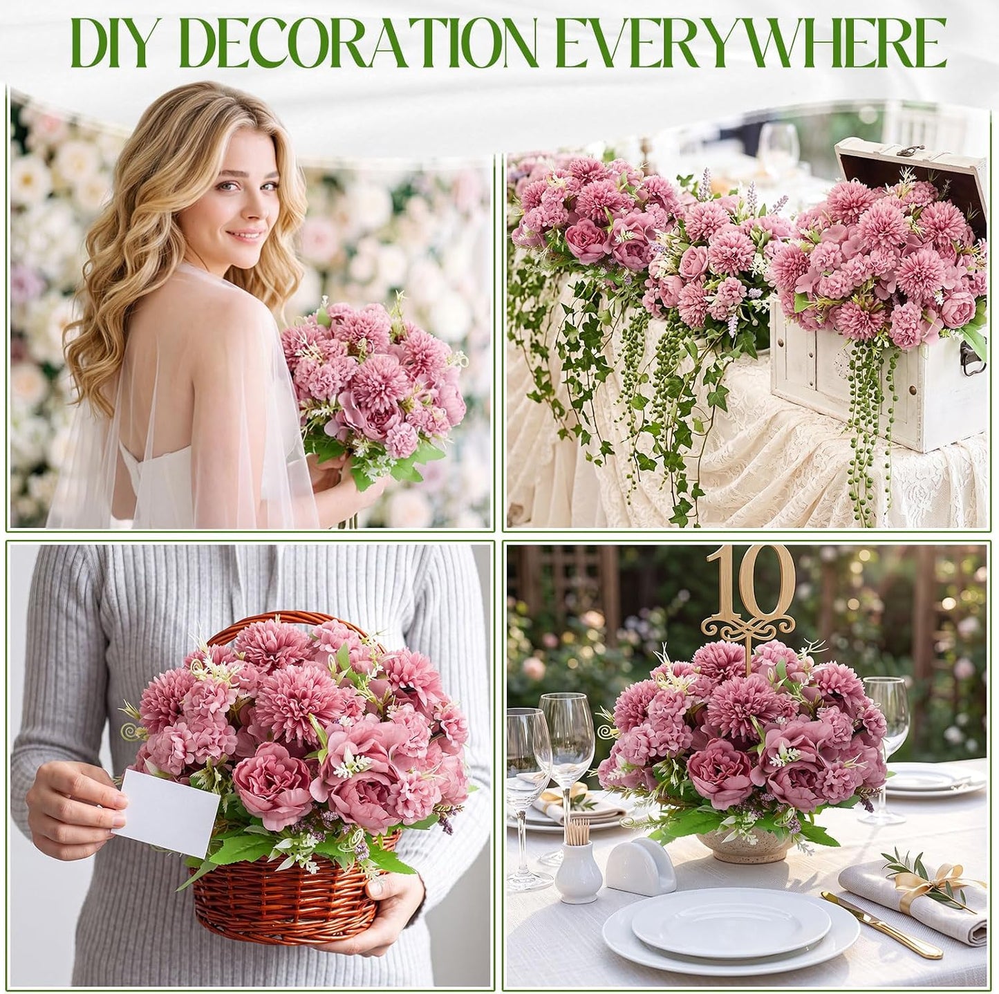 Artificial Flowers Artificial Peonies Silk Flowers Faux Peony Fake Peony Silk Hydrangea Bouquet for Wedding Table Centerpiece Floral Vase Decor(White,Blue,12 Bundles)