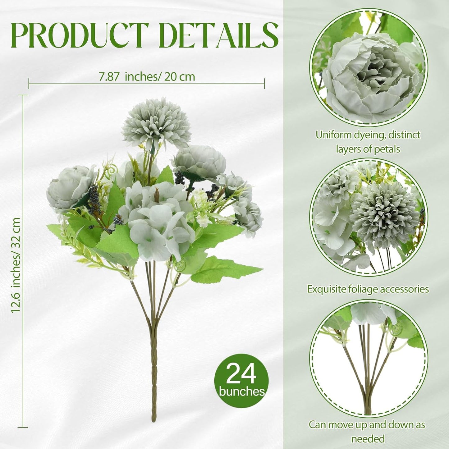 Artificial Flowers Artificial Peonies Silk Flowers Faux Peony Fake Peony Silk Hydrangea Bouquet for Wedding Table Centerpiece Floral Vase Decor(White,Blue,12 Bundles)