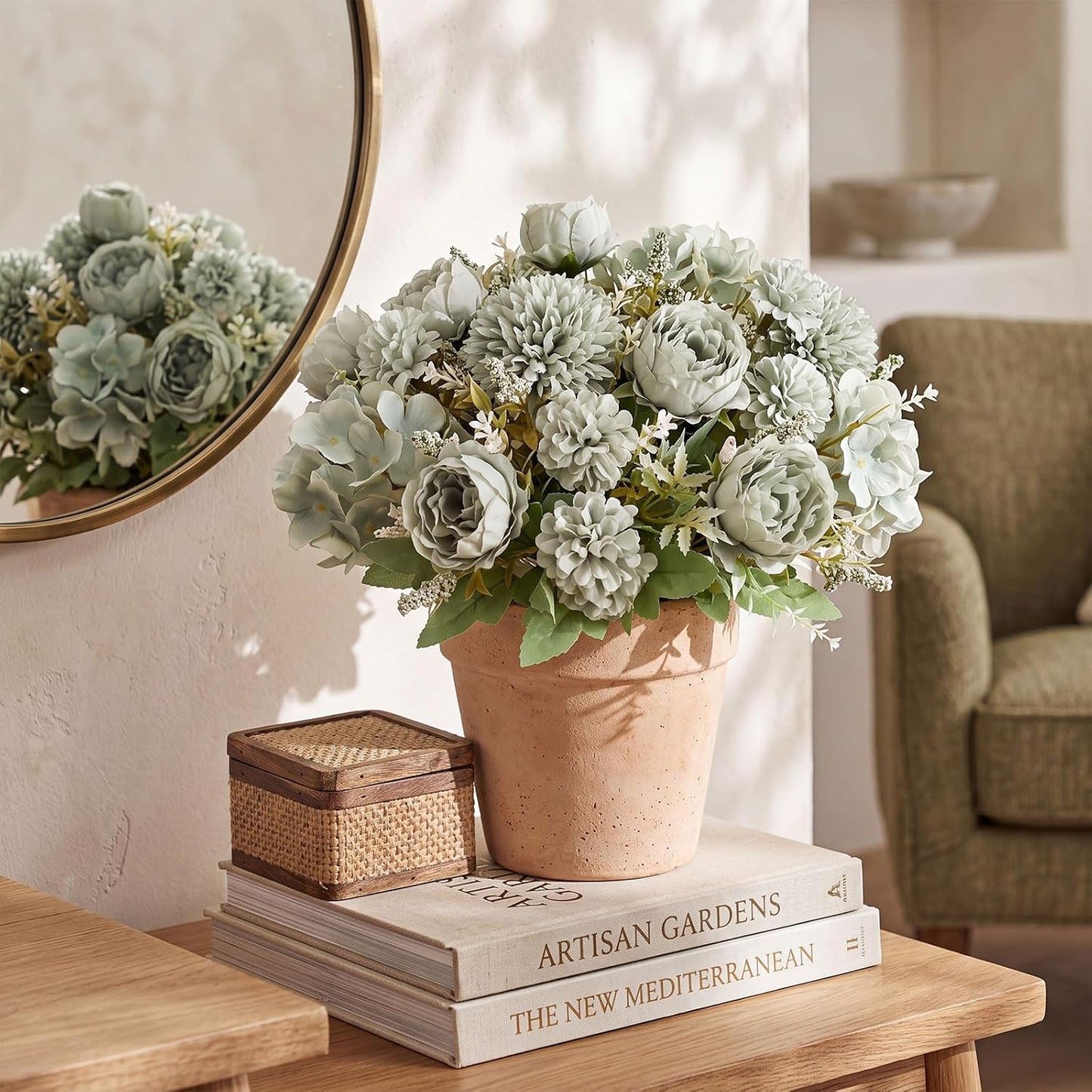 Artificial Flowers Artificial Peonies Silk Flowers Faux Peony Fake Peony Silk Hydrangea Bouquet for Wedding Table Centerpiece Floral Vase Decor(White,Blue,12 Bundles)