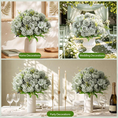 Artificial Flowers Artificial Peonies Silk Flowers Faux Peony Fake Peony Silk Hydrangea Bouquet for Wedding Table Centerpiece Floral Vase Decor(White,Blue,12 Bundles)