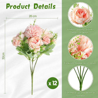 Artificial Flowers Artificial Peonies Silk Flowers Faux Peony Fake Peony Silk Hydrangea Bouquet for Wedding Table Centerpiece Floral Vase Decor(White,Blue,12 Bundles)