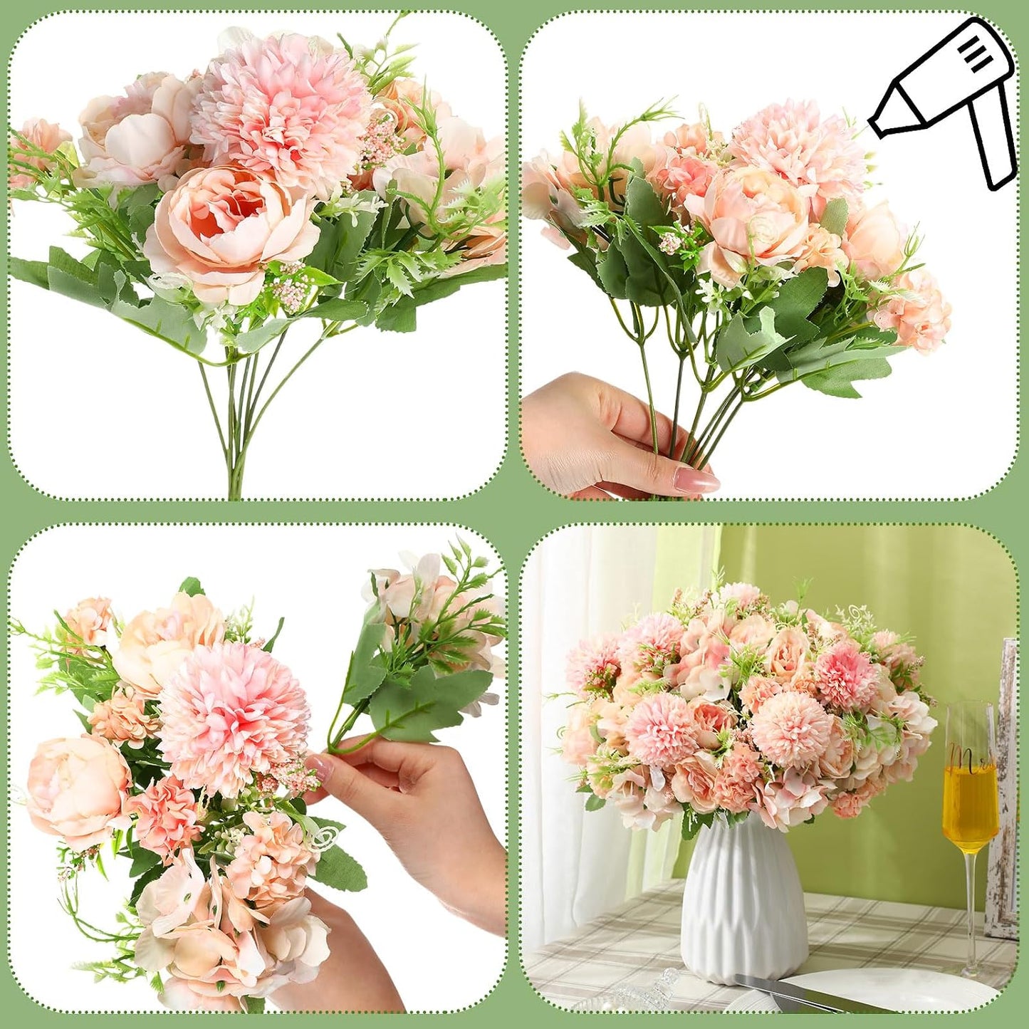 Artificial Flowers Artificial Peonies Silk Flowers Faux Peony Fake Peony Silk Hydrangea Bouquet for Wedding Table Centerpiece Floral Vase Decor(White,Blue,12 Bundles)