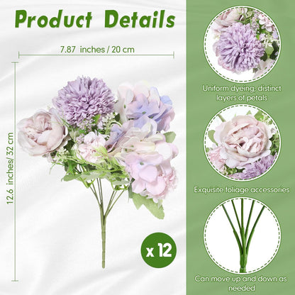Artificial Flowers Artificial Peonies Silk Flowers Faux Peony Fake Peony Silk Hydrangea Bouquet for Wedding Table Centerpiece Floral Vase Decor(White,Blue,12 Bundles)
