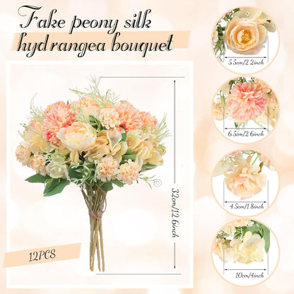 Artificial Flowers Artificial Peonies Silk Flowers Faux Peony Fake Peony Silk Hydrangea Bouquet for Wedding Table Centerpiece Floral Vase Decor(White,Blue,12 Bundles)
