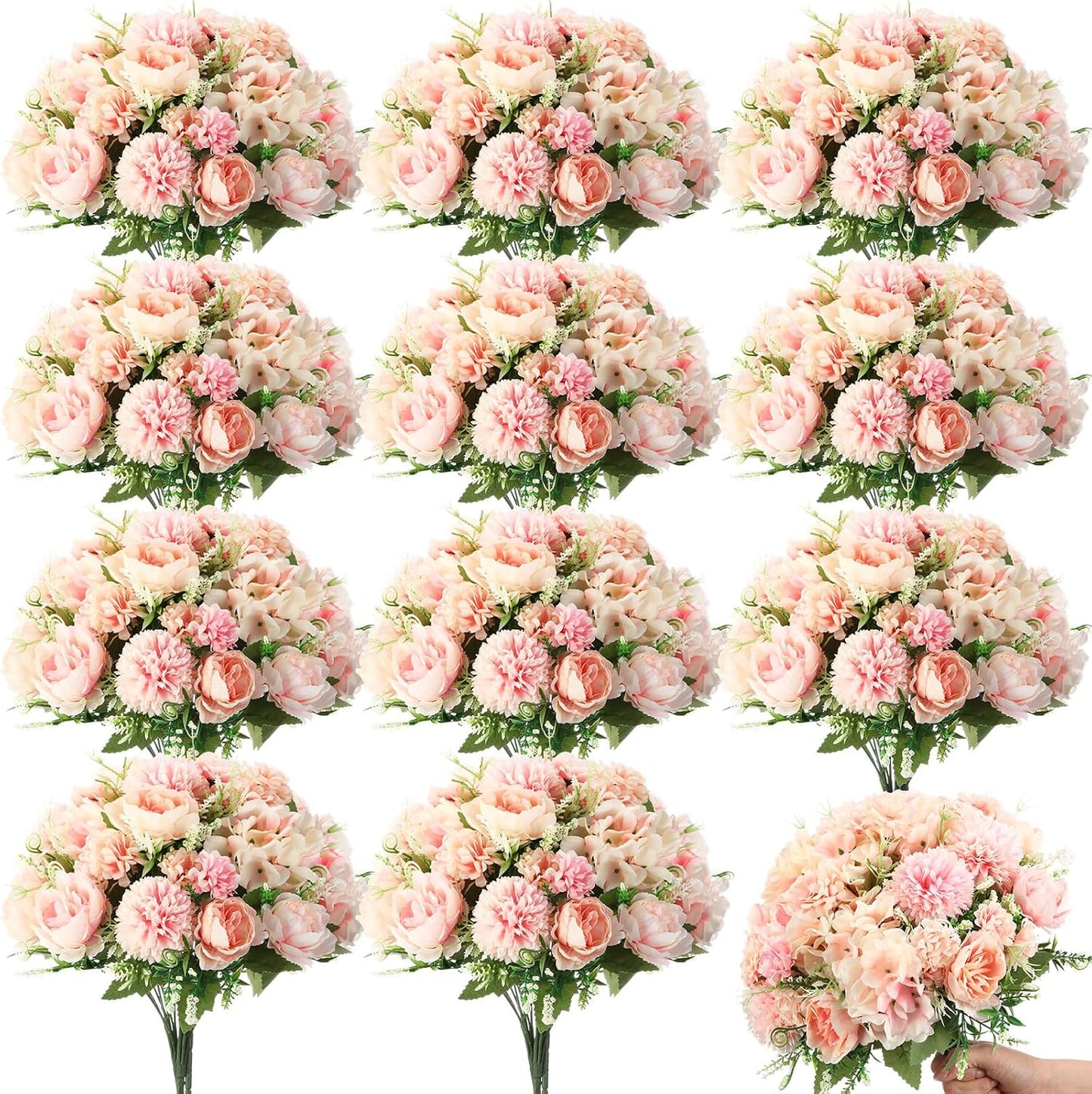 Artificial Flowers Artificial Peonies Silk Flowers Faux Peony Fake Peony Silk Hydrangea Bouquet for Wedding Table Centerpiece Floral Vase Decor(White,Blue,12 Bundles)