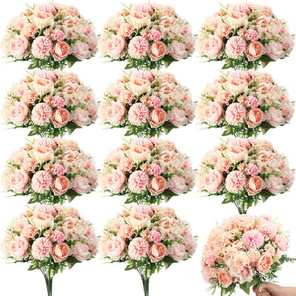 Artificial Flowers Artificial Peonies Silk Flowers Faux Peony Fake Peony Silk Hydrangea Bouquet for Wedding Table Centerpiece Floral Vase Decor(White,Blue,12 Bundles)