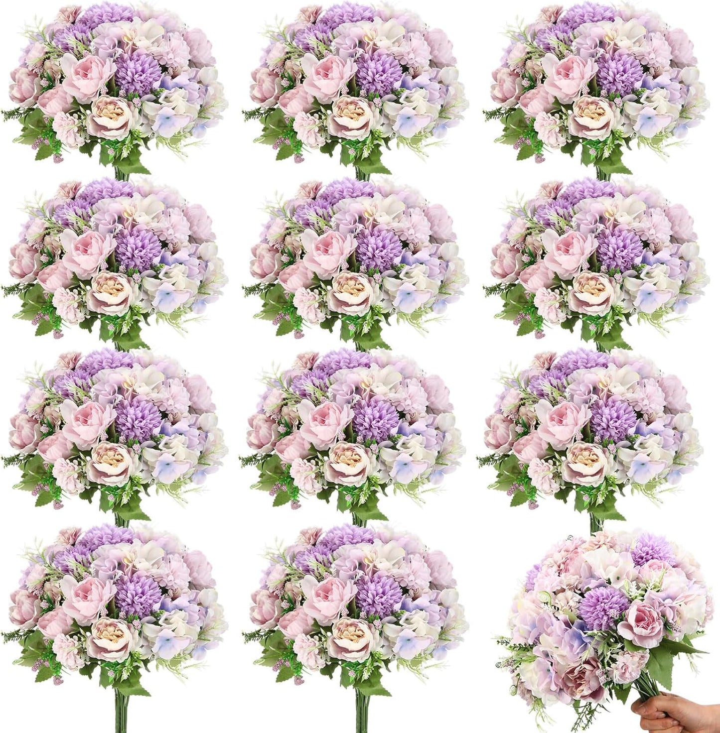 Artificial Flowers Artificial Peonies Silk Flowers Faux Peony Fake Peony Silk Hydrangea Bouquet for Wedding Table Centerpiece Floral Vase Decor(White,Blue,12 Bundles)