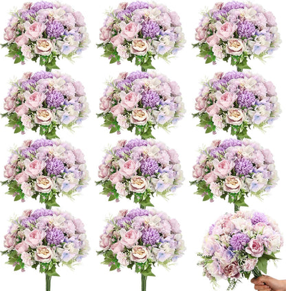 Artificial Flowers Artificial Peonies Silk Flowers Faux Peony Fake Peony Silk Hydrangea Bouquet for Wedding Table Centerpiece Floral Vase Decor(White,Blue,12 Bundles)